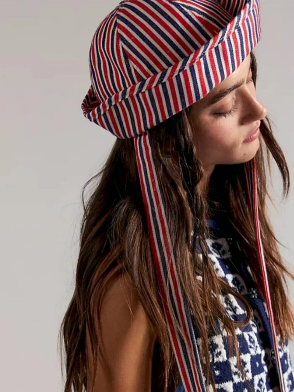 Free People NWT Striped Sailor Bucket Hat With Defined Tie Bow Detail